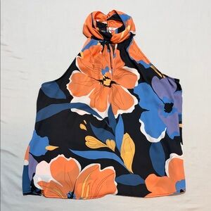 Women’s DA2 Tropical Floral Halter Top in Black, Orange & Blue Size XL